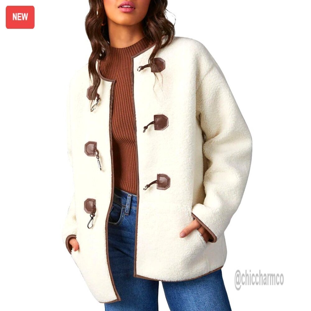 Oversized Sherpa Jacket Long Sleeve Faux Shearling Color Block Button Coat